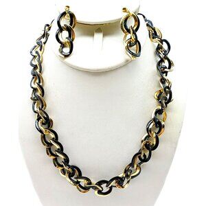 Golden and Black Interlocking Oval Links Jewelry Set, Vintage Chain Necklace